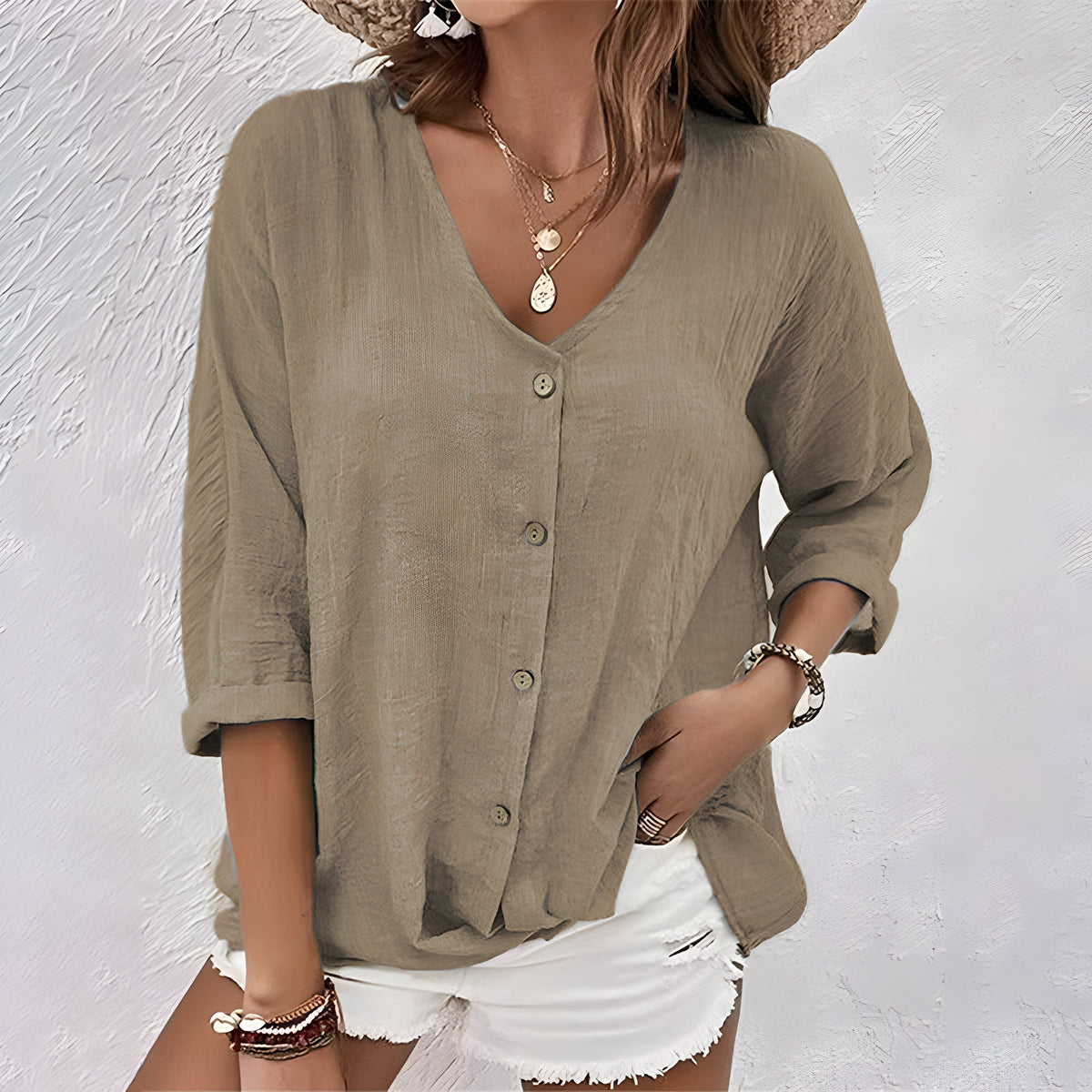 Women's Long Sleeve Blouse | Collarless V Neck, Loose Cut