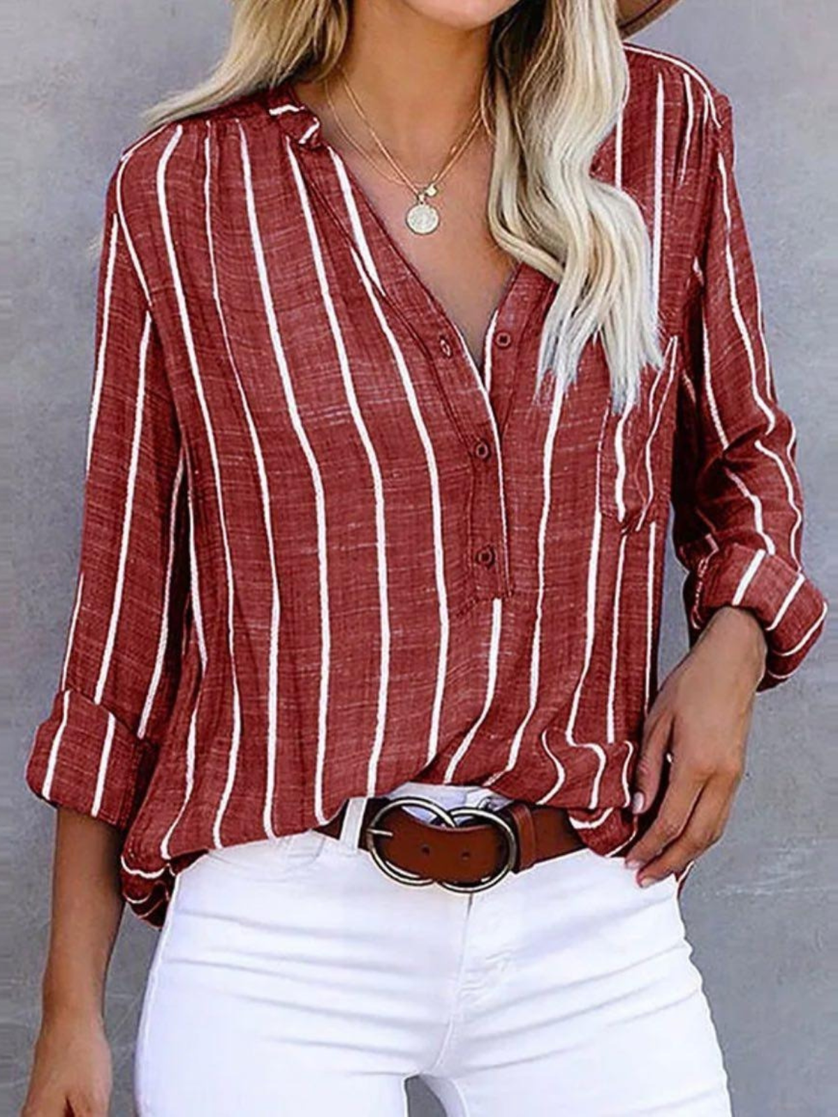 Women's Long Sleeve Blouse | Notch Neck, Vertical Stripes