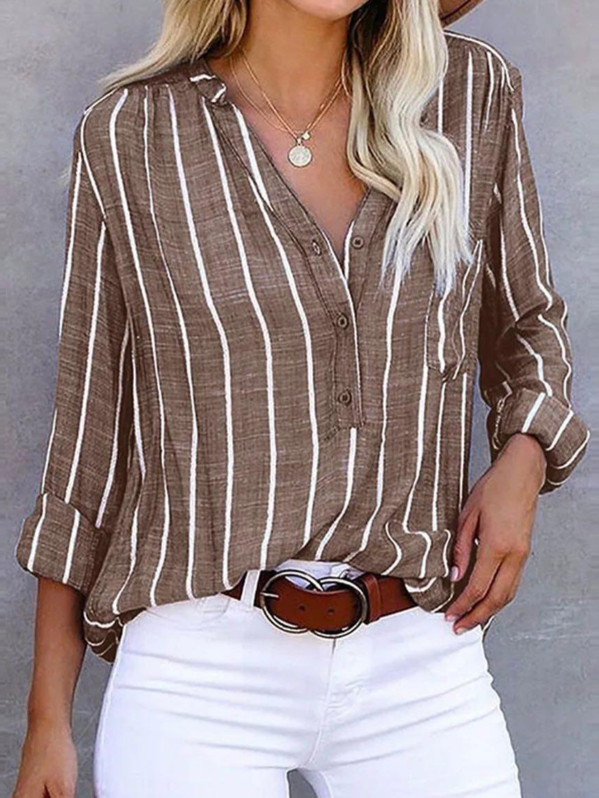 Women's Long Sleeve Blouse | Notch Neck, Vertical Stripes