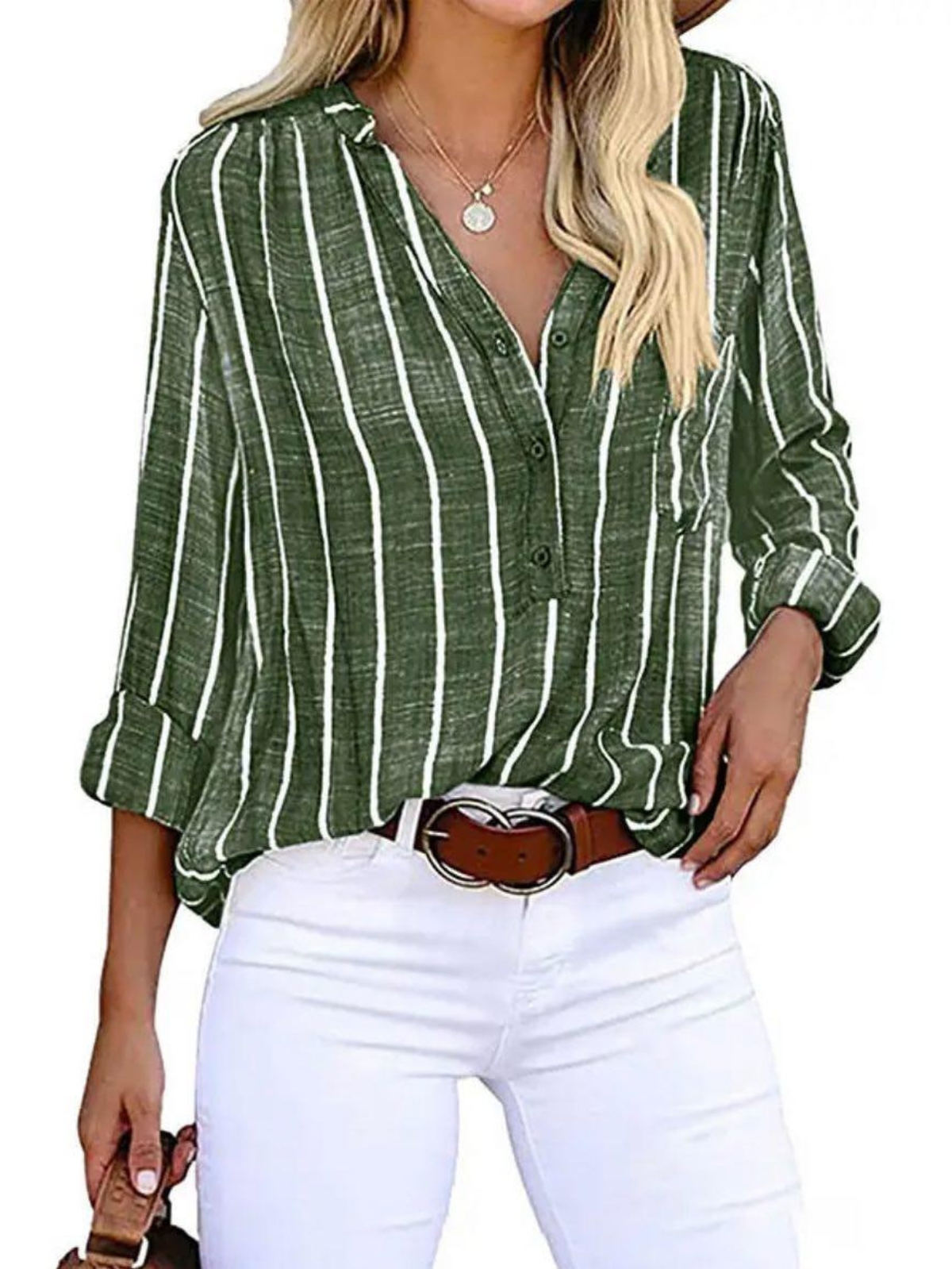 Women's Long Sleeve Blouse | Notch Neck, Vertical Stripes