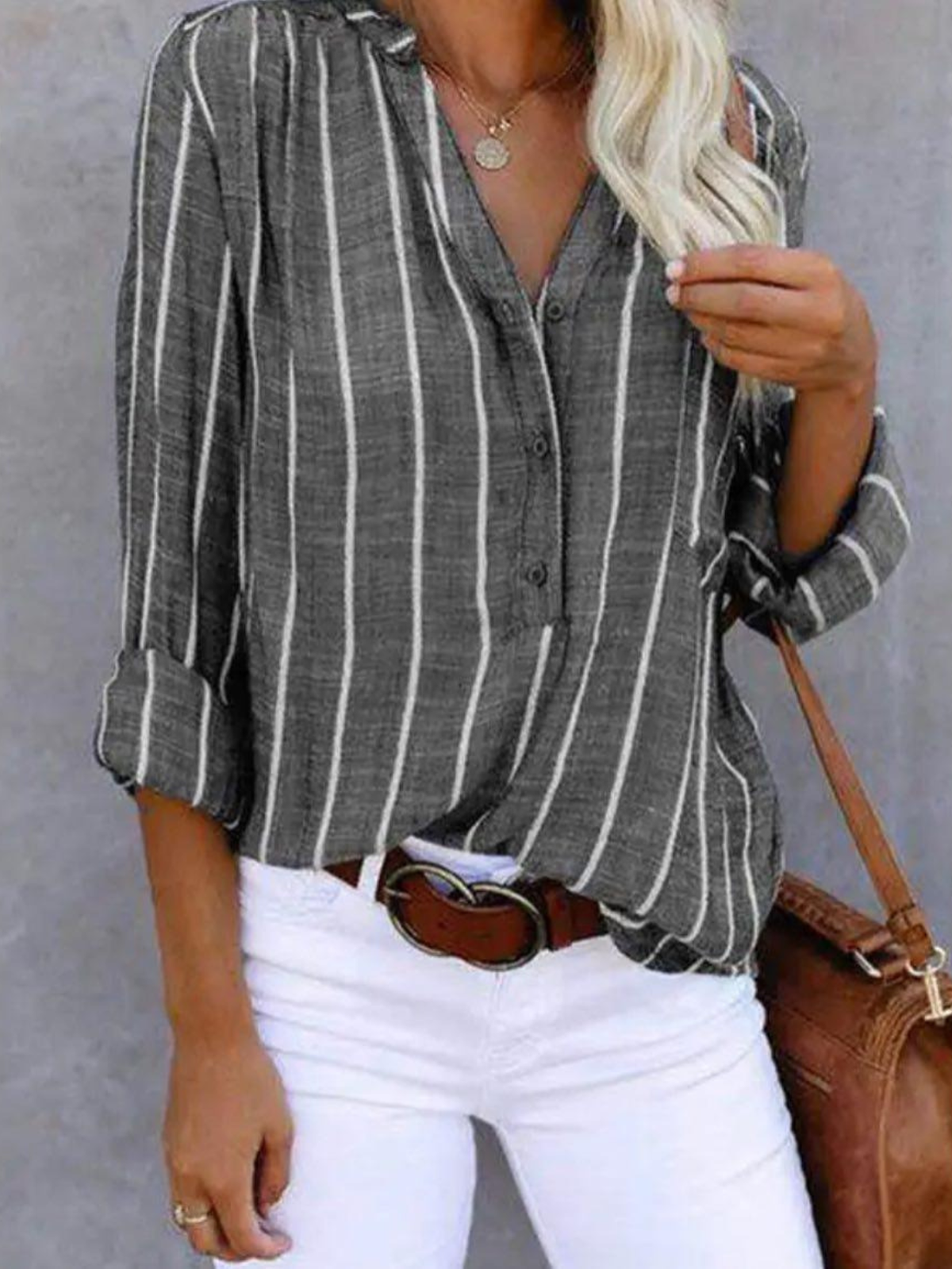 Women's Long Sleeve Blouse | Notch Neck, Vertical Stripes