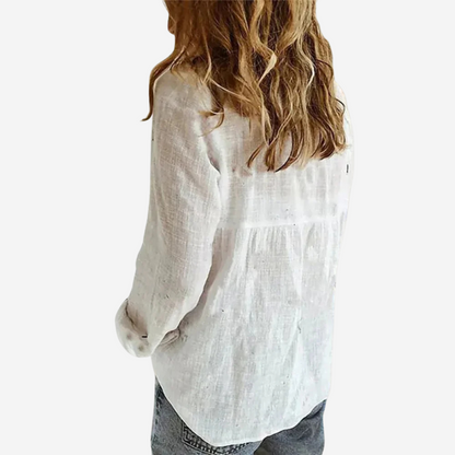 Women's Long Sleeve Blouse | Open Collar, Deep V Front