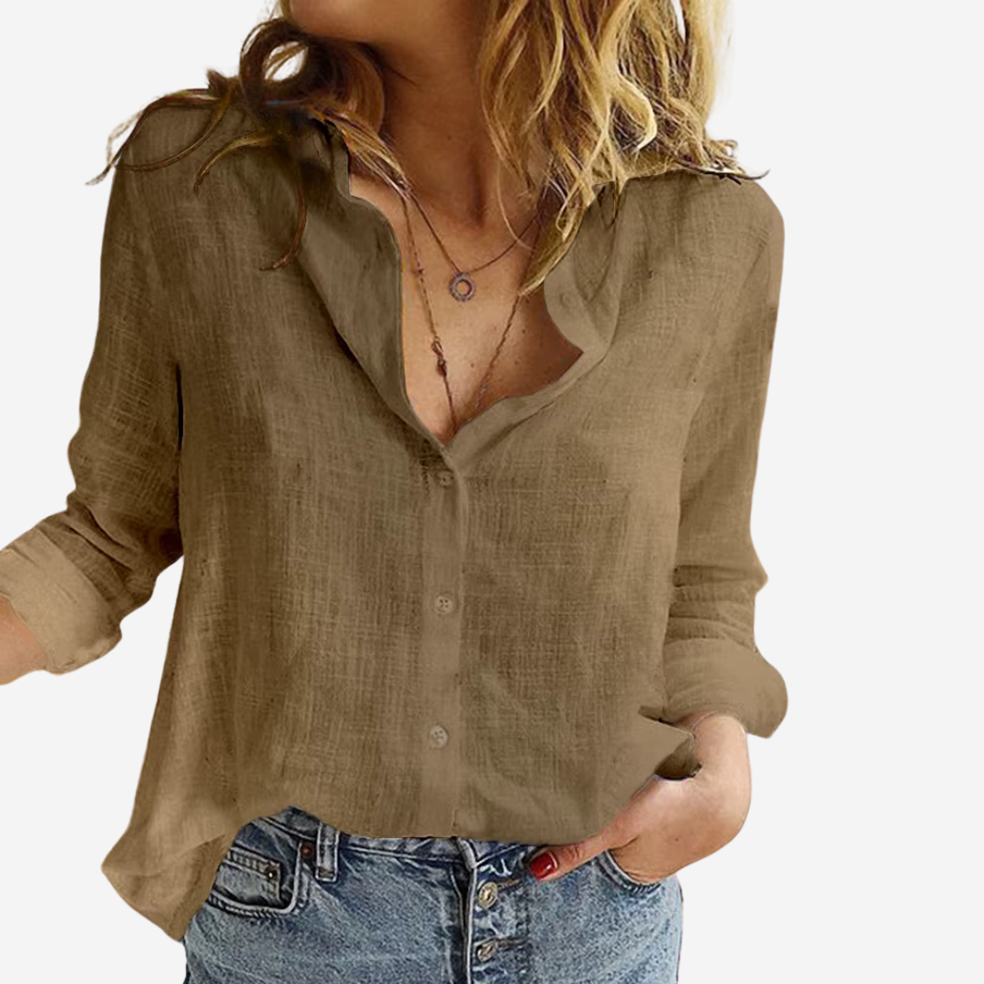 Women's Long Sleeve Blouse | Open Collar, Deep V Front