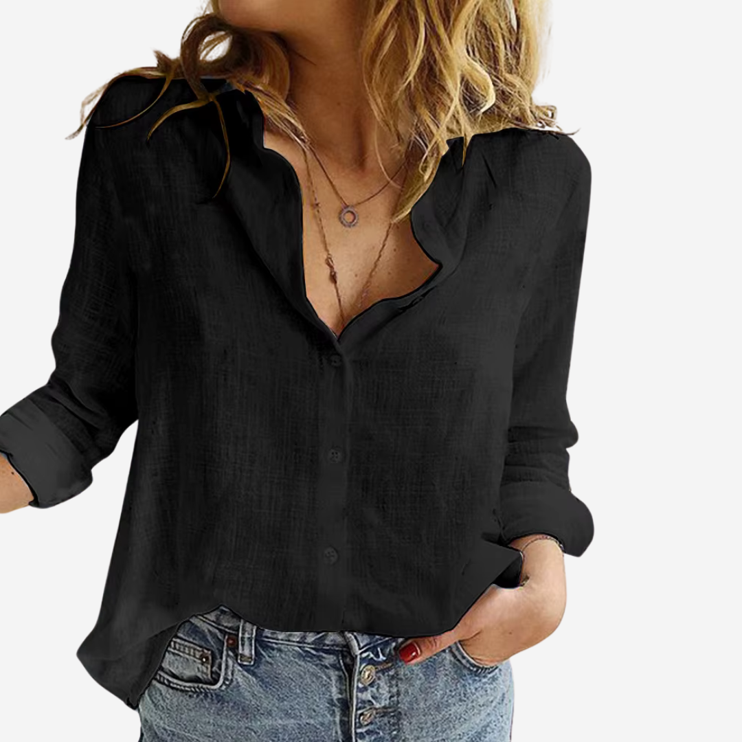 Women's Long Sleeve Blouse | Open Collar, Deep V Front