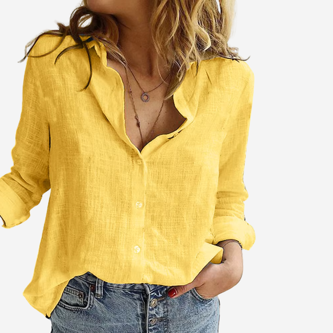 Women's Long Sleeve Blouse | Open Collar, Deep V Front