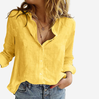 Women's Long Sleeve Blouse | Open Collar, Deep V Front