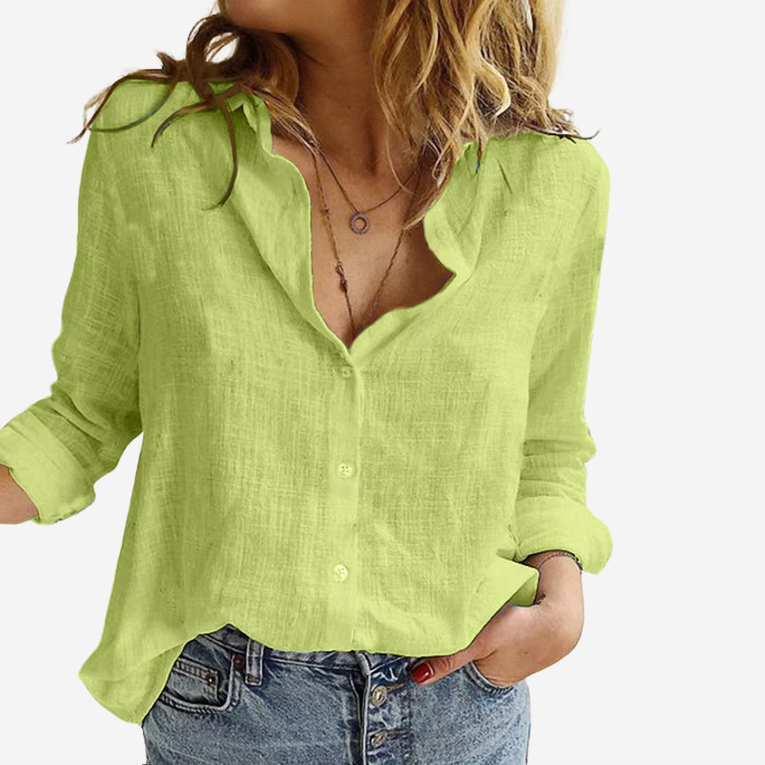 Women's Long Sleeve Blouse | Open Collar, Deep V Front
