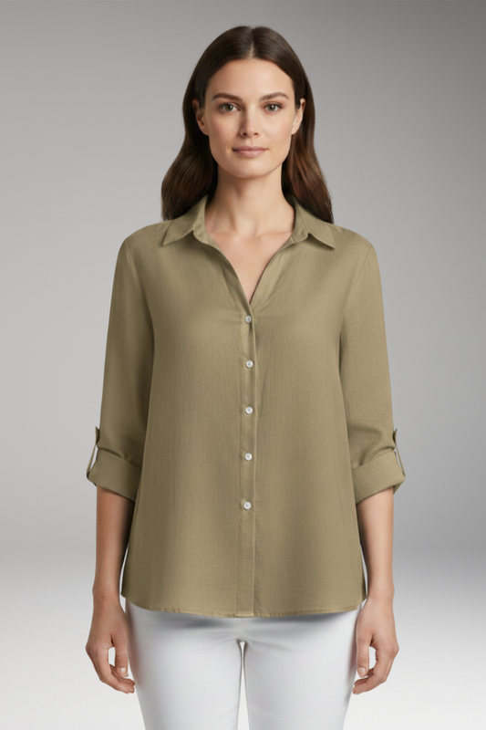 Women's Long Sleeve Blouse | Open V Neck, Roll Tab Cuffs