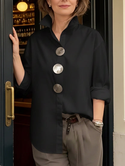 Women's Long Sleeve Blouse | Oversized Buttons, High Collar