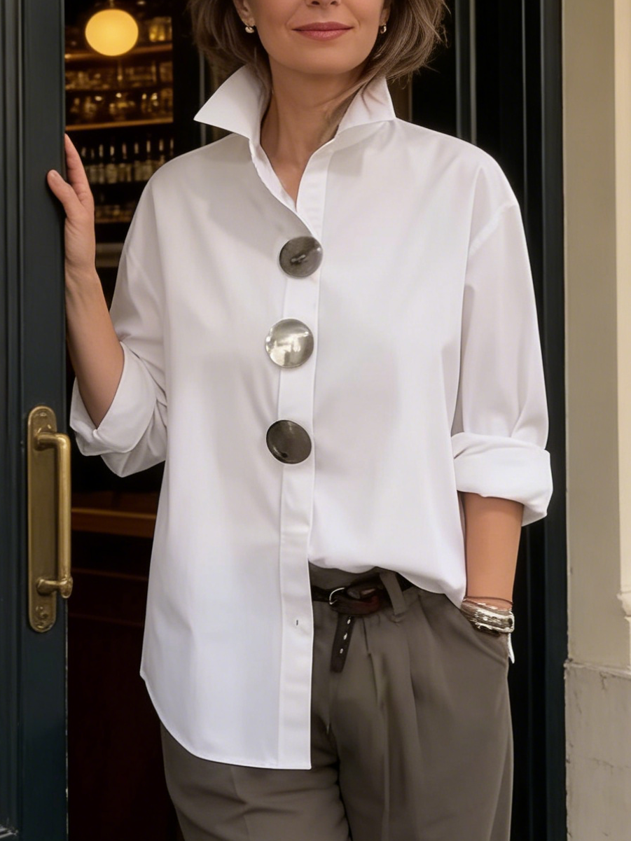 Women's Long Sleeve Blouse | Oversized Buttons, High Collar