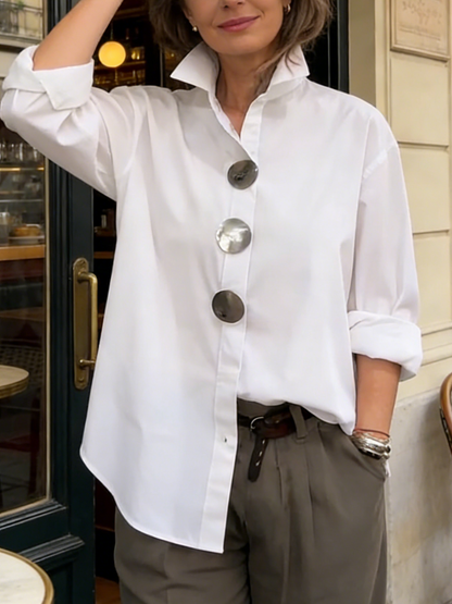 Women's Long Sleeve Blouse | Oversized Buttons, High Collar