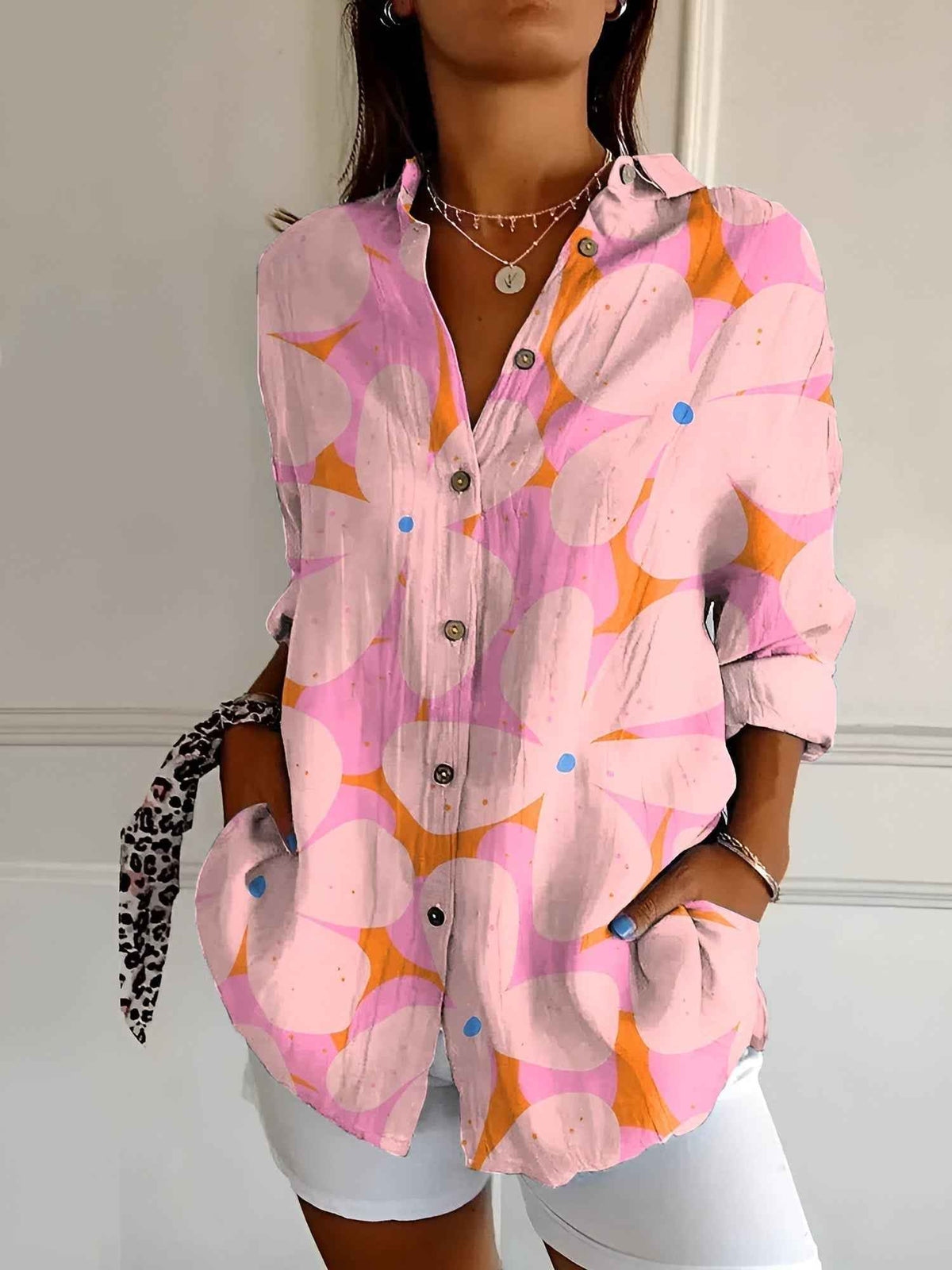 Women's Long Sleeve Blouse | Point Collar, Coral Print
