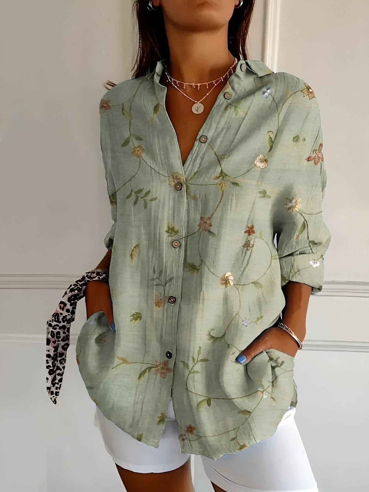 Women's Long Sleeve Blouse | Point Collar, Coral Print