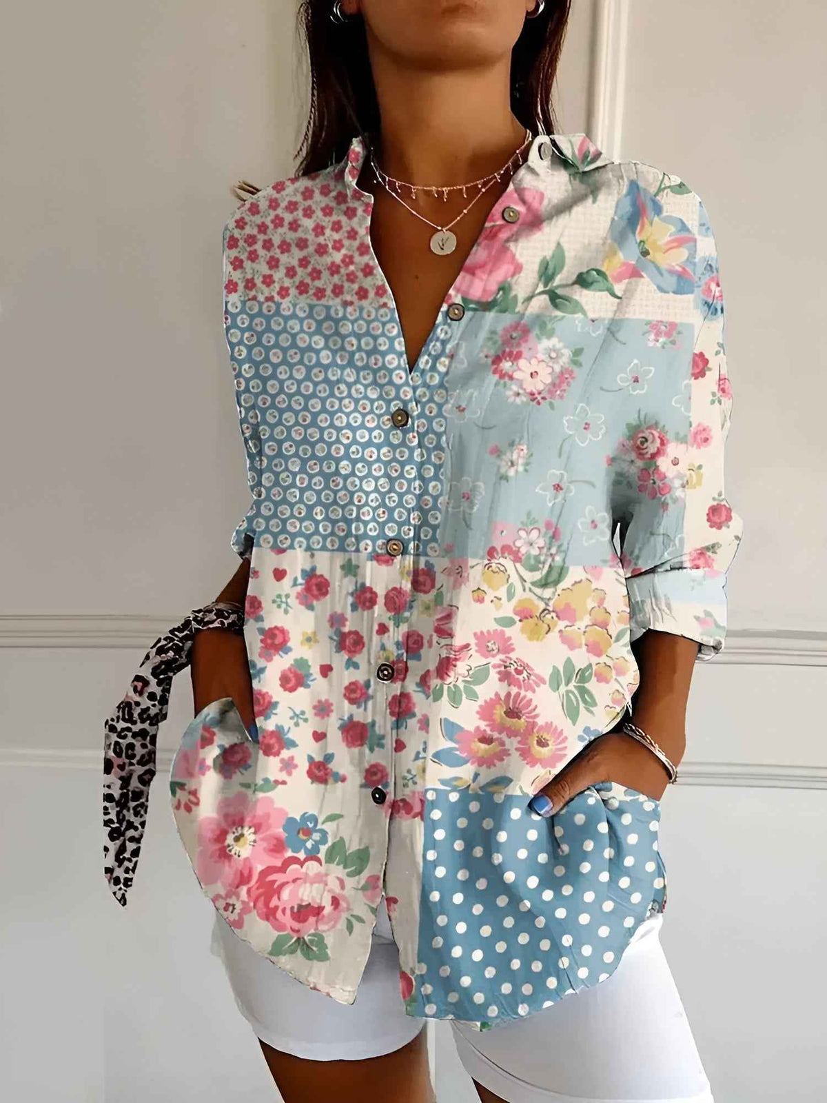 Women's Long Sleeve Blouse | Point Collar, Coral Print