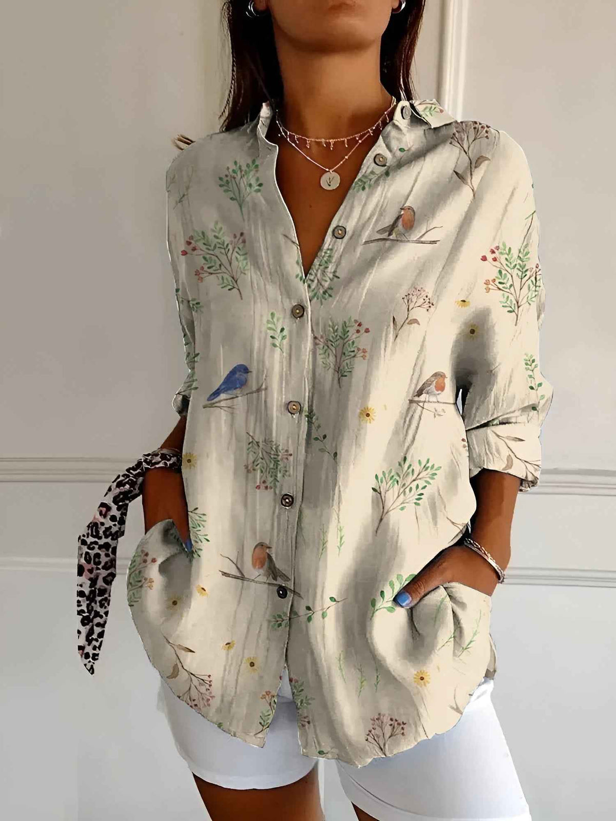 Women's Long Sleeve Blouse | Point Collar, Coral Print