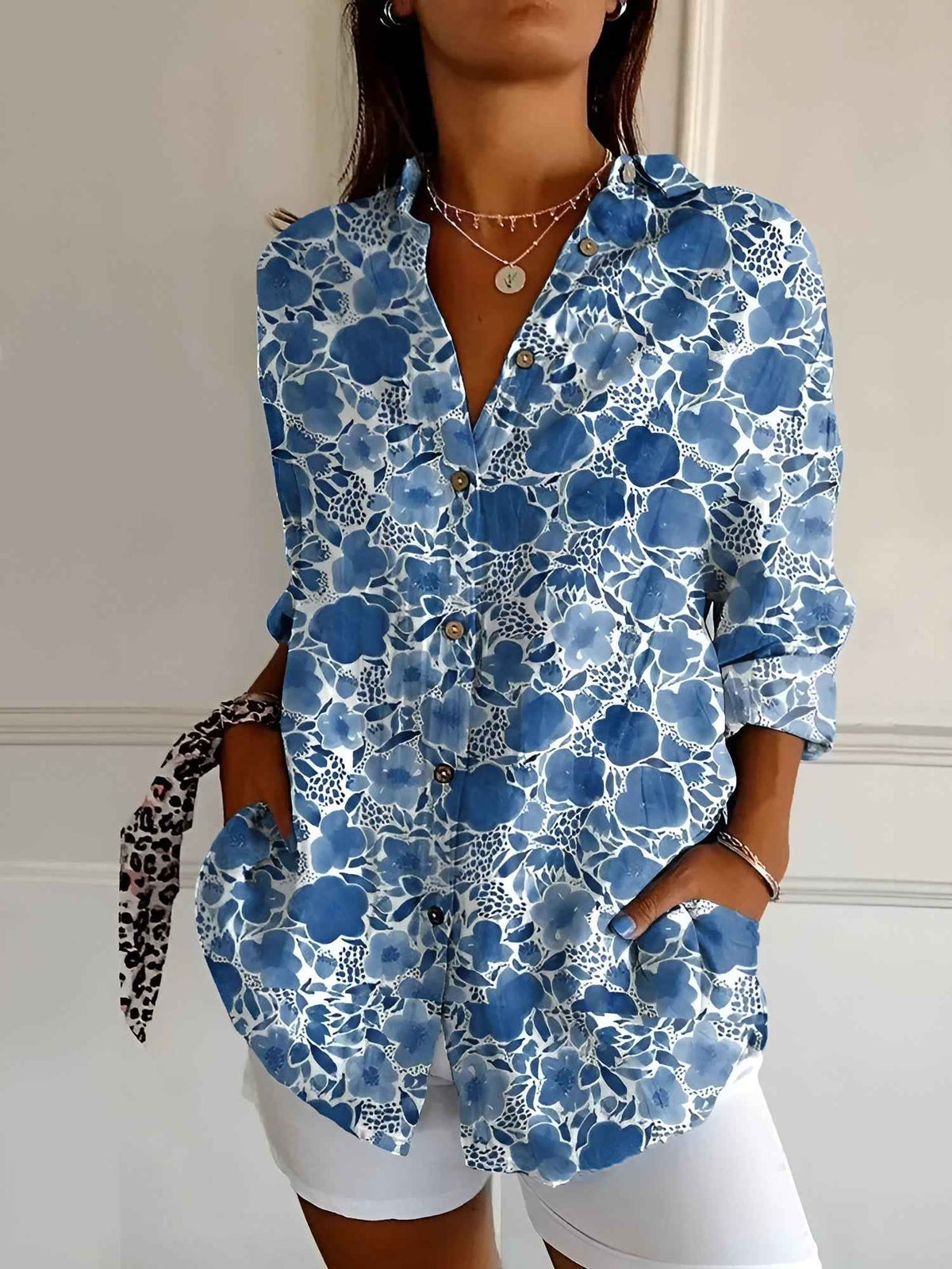 Women's Long Sleeve Blouse | Point Collar, Coral Print