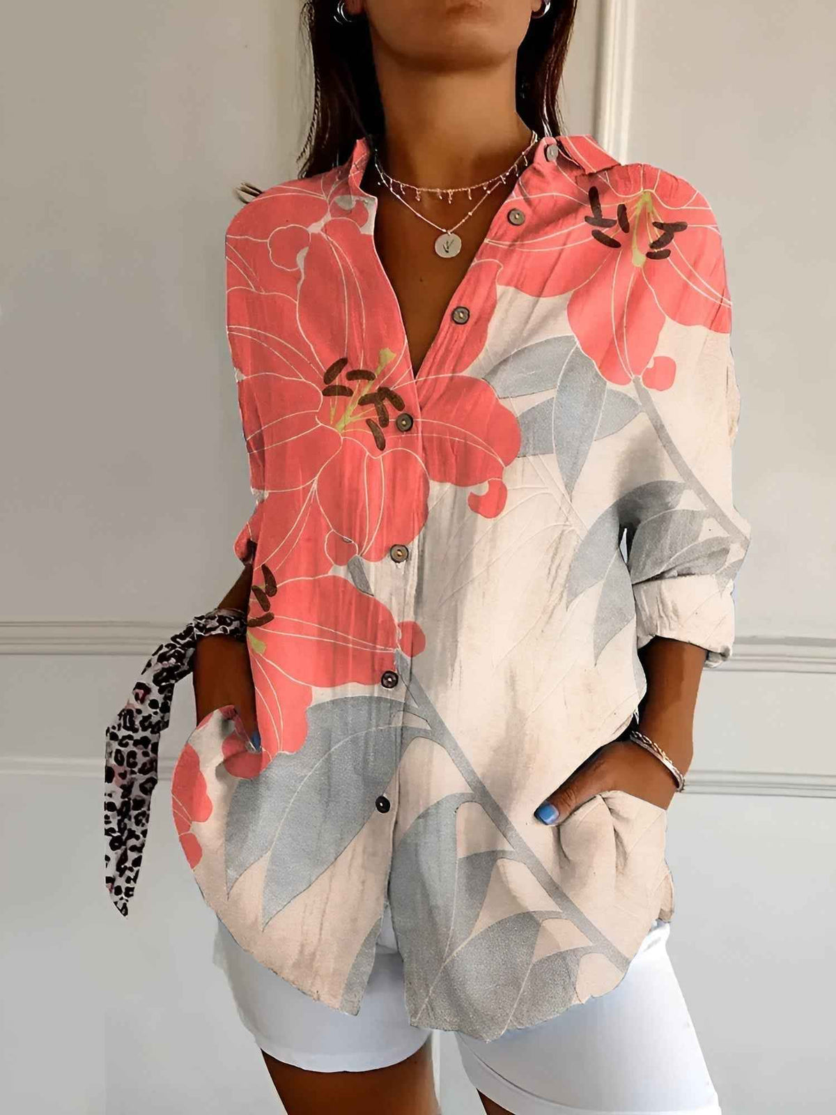 Women's Long Sleeve Blouse | Point Collar, Coral Print