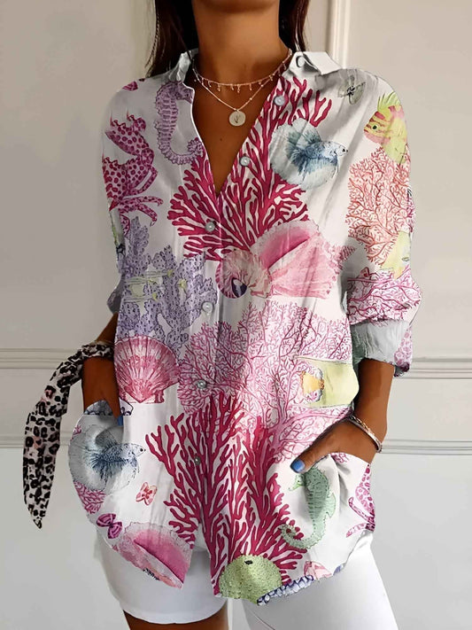 Women's Long Sleeve Blouse | Point Collar, Coral Print