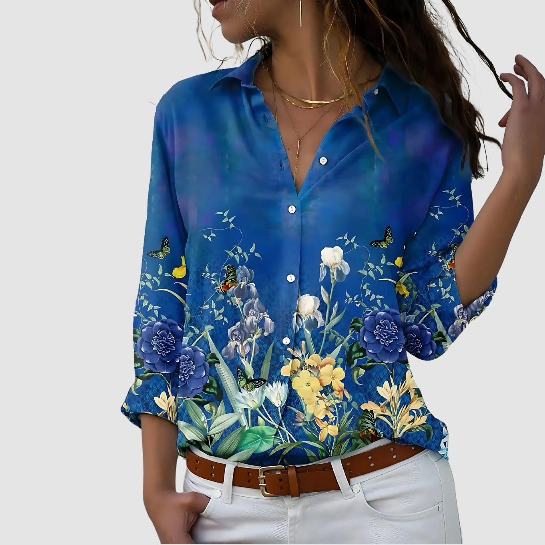 Women's Long Sleeve Blouse | Point Collar, Placed Floral