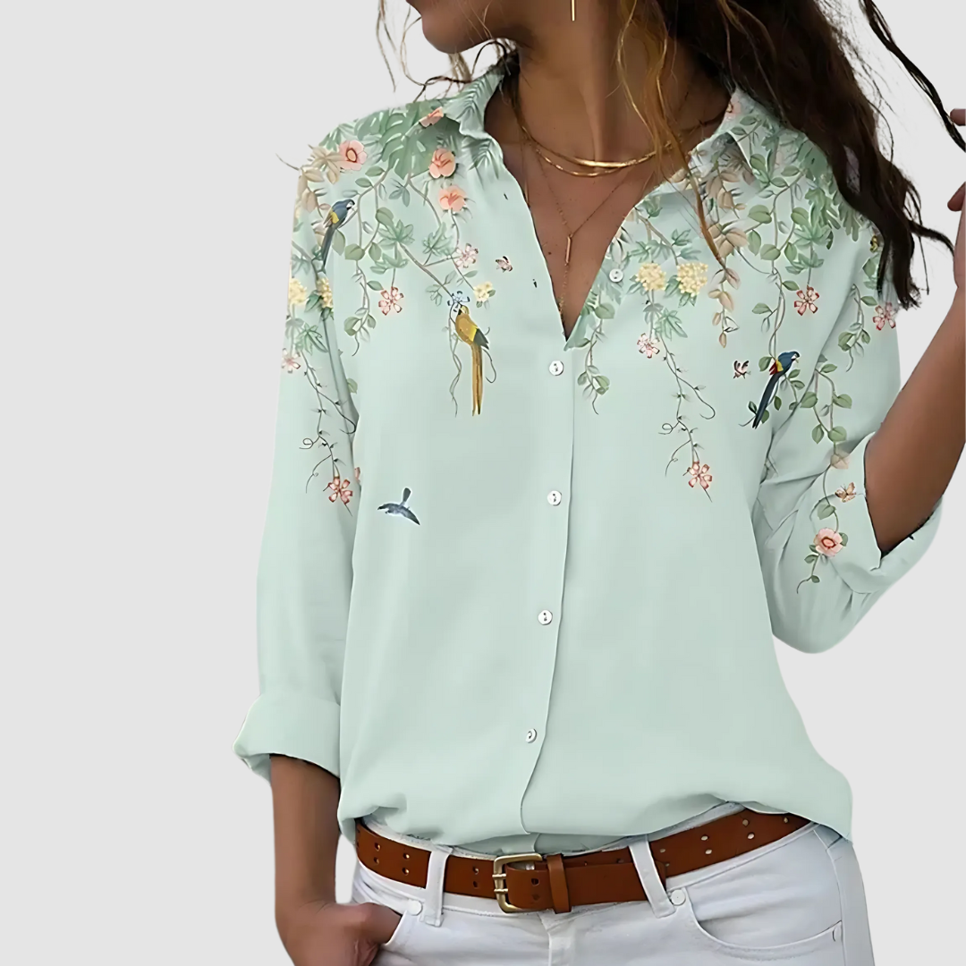 Women's Long Sleeve Blouse | Point Collar, Placed Floral