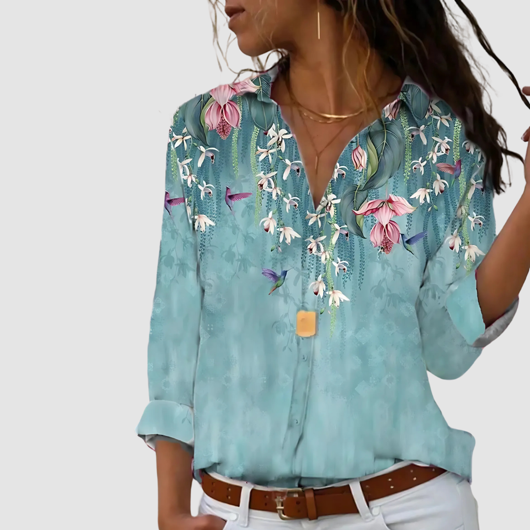 Women's Long Sleeve Blouse | Point Collar, Placed Floral