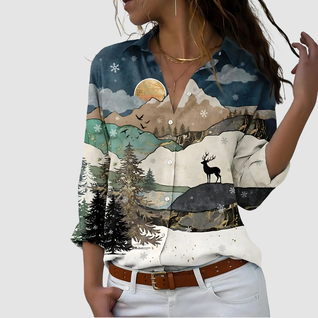 Women's Long Sleeve Blouse | Point Collar, Placed Floral