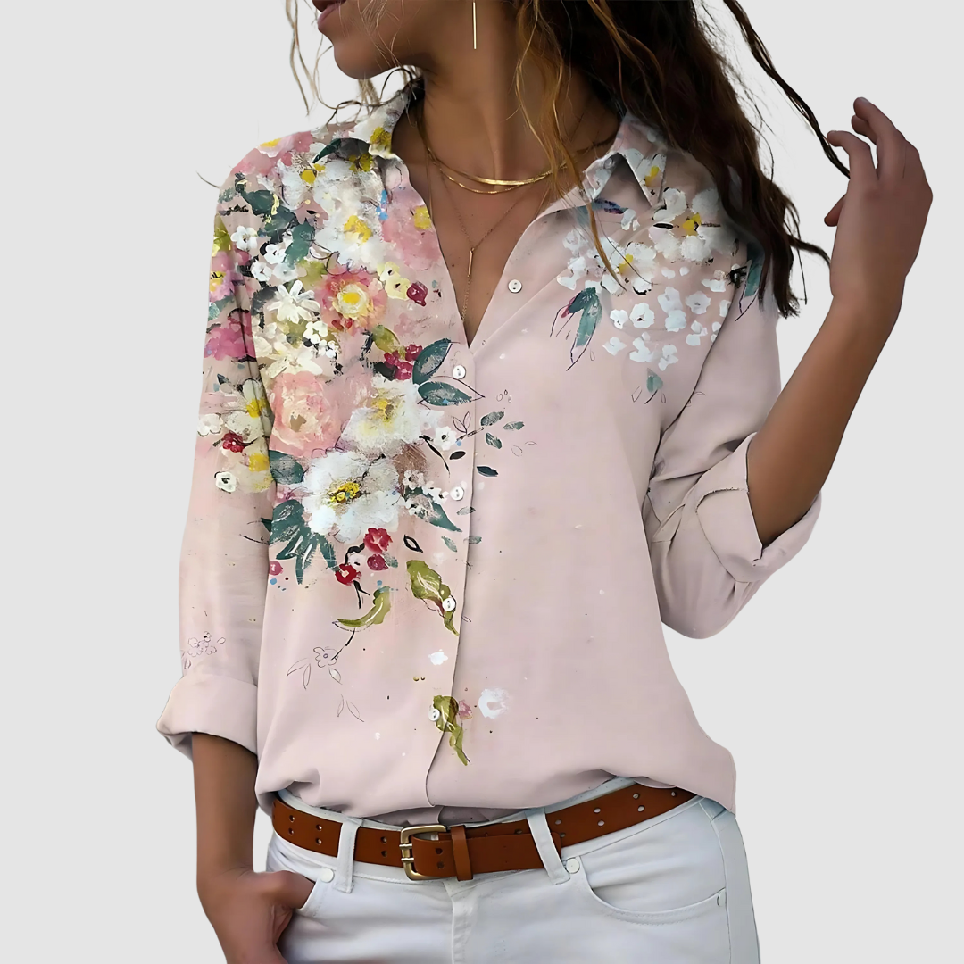 Women's Long Sleeve Blouse | Point Collar, Placed Floral