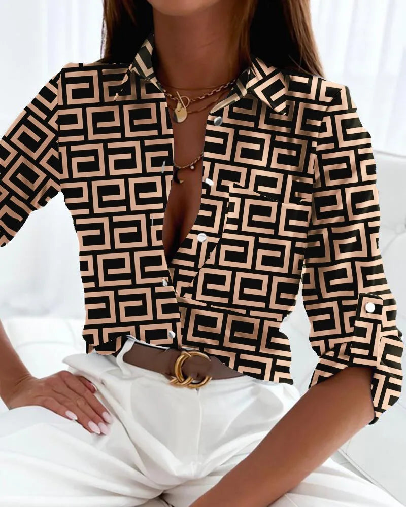 Women's Long Sleeve Blouse | Point Collar, Roll Tab Sleeves