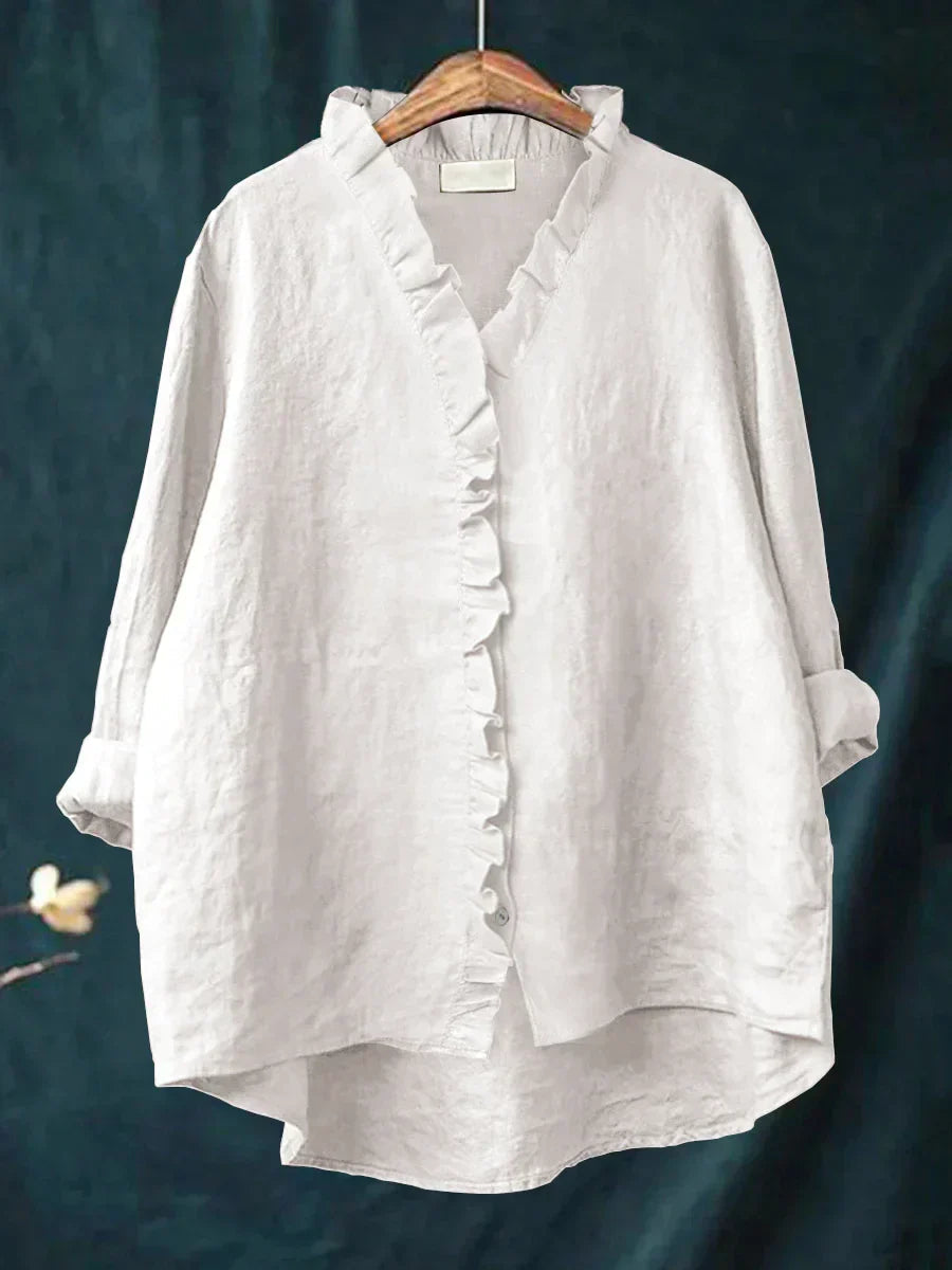 Women's Long Sleeve Blouse | Ruffle Placket, Dipped Hem