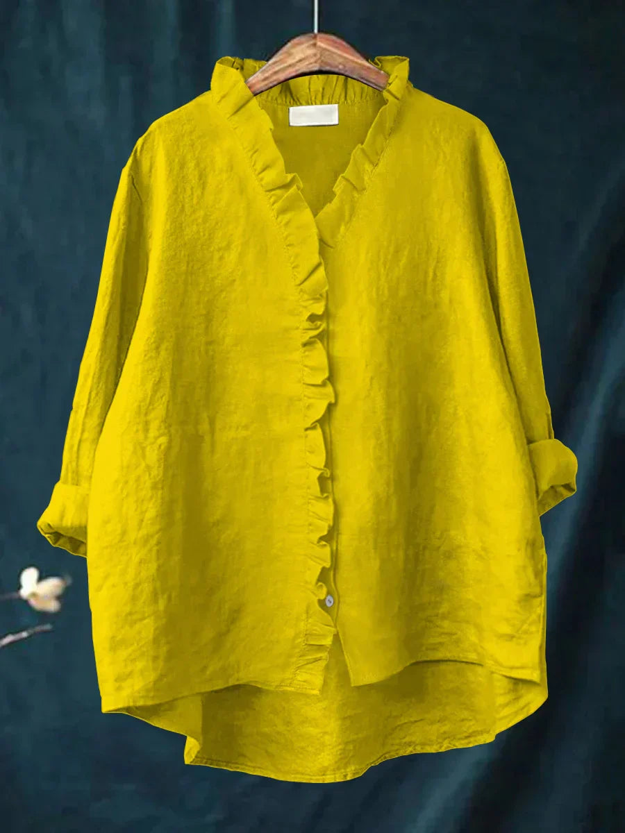Women's Long Sleeve Blouse | Ruffle Placket, Dipped Hem