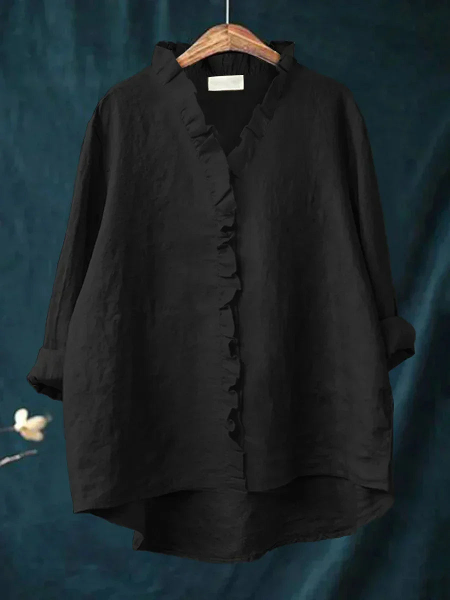 Women's Long Sleeve Blouse | Ruffle Placket, Dipped Hem