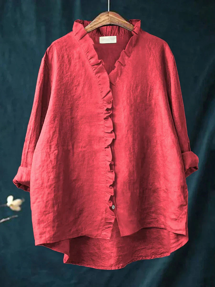 Women's Long Sleeve Blouse | Ruffle Placket, Dipped Hem