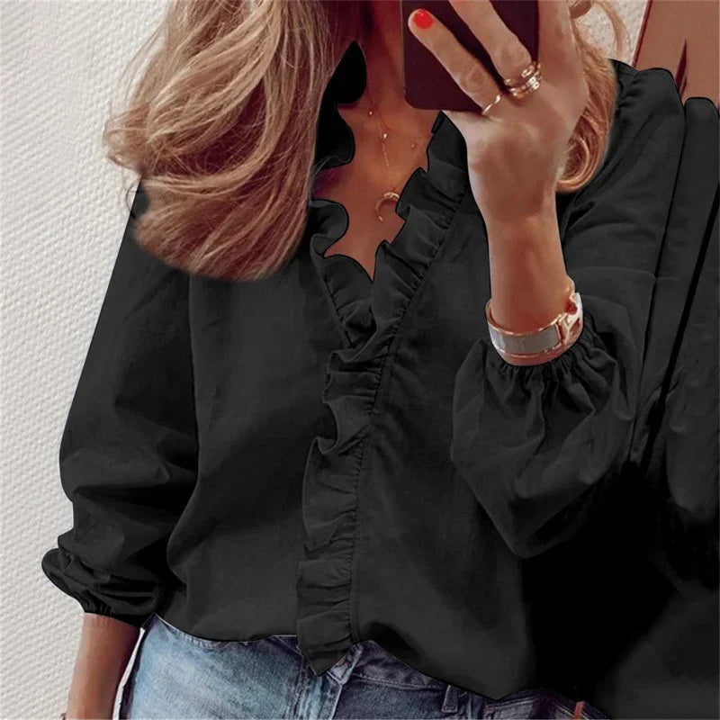 Women's Long Sleeve Blouse | Ruffle Trim, Elasticated Cuffs