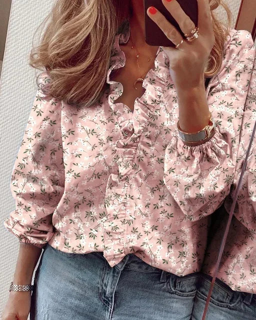 Women's Long Sleeve Blouse | Ruffle Trim, Elasticated Cuffs