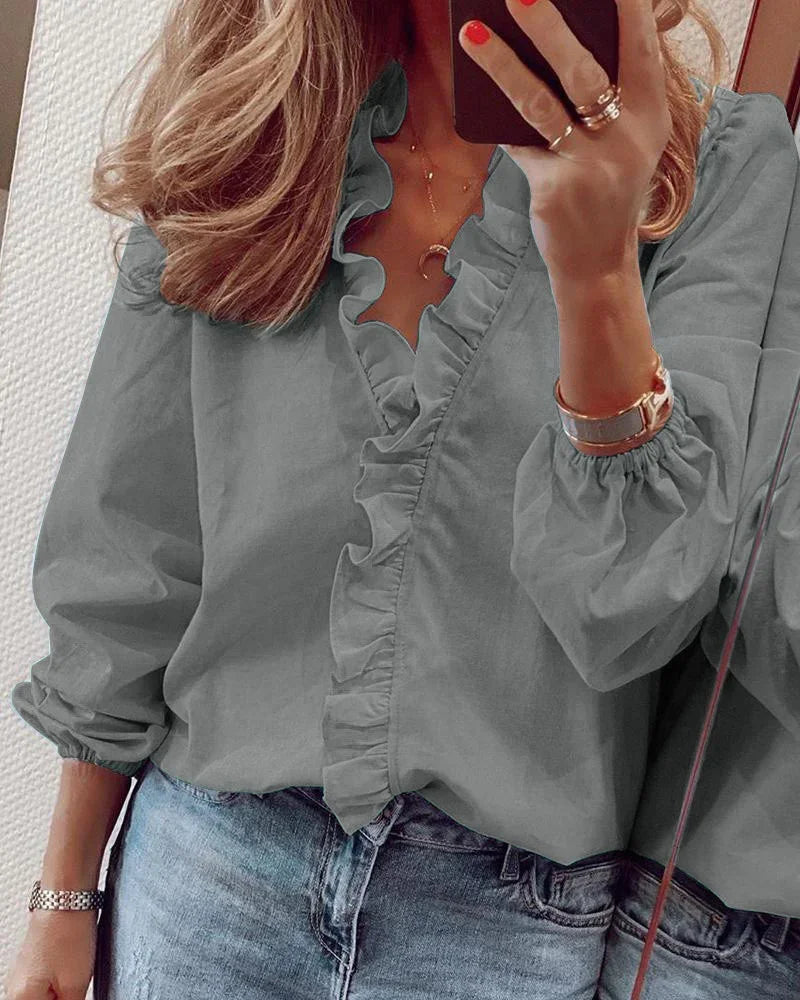 Women's Long Sleeve Blouse | Ruffle Trim, Elasticated Cuffs