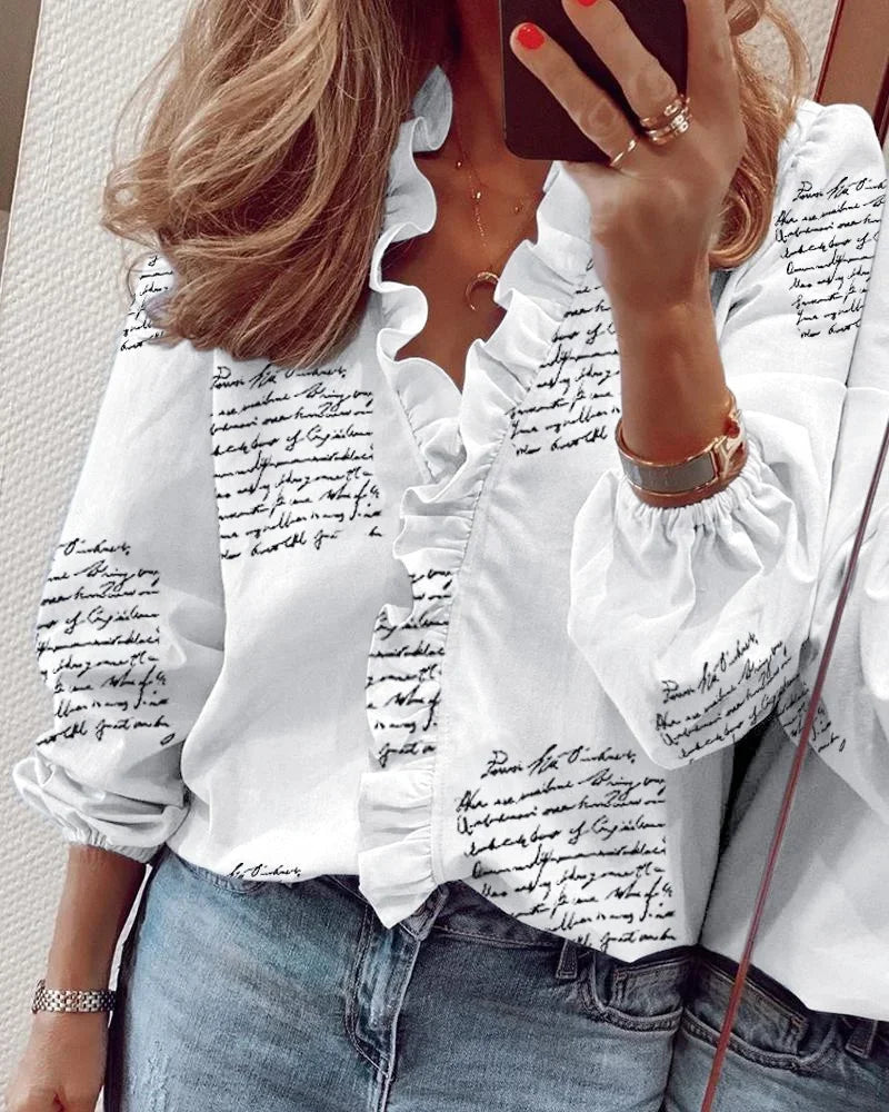 Women's Long Sleeve Blouse | Ruffle Trim, Elasticated Cuffs