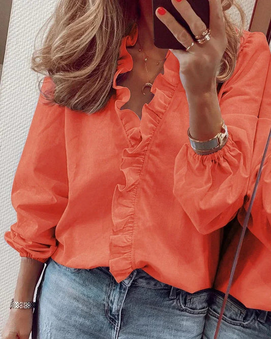 Women's Long Sleeve Blouse | Ruffle Trim, Elasticated Cuffs