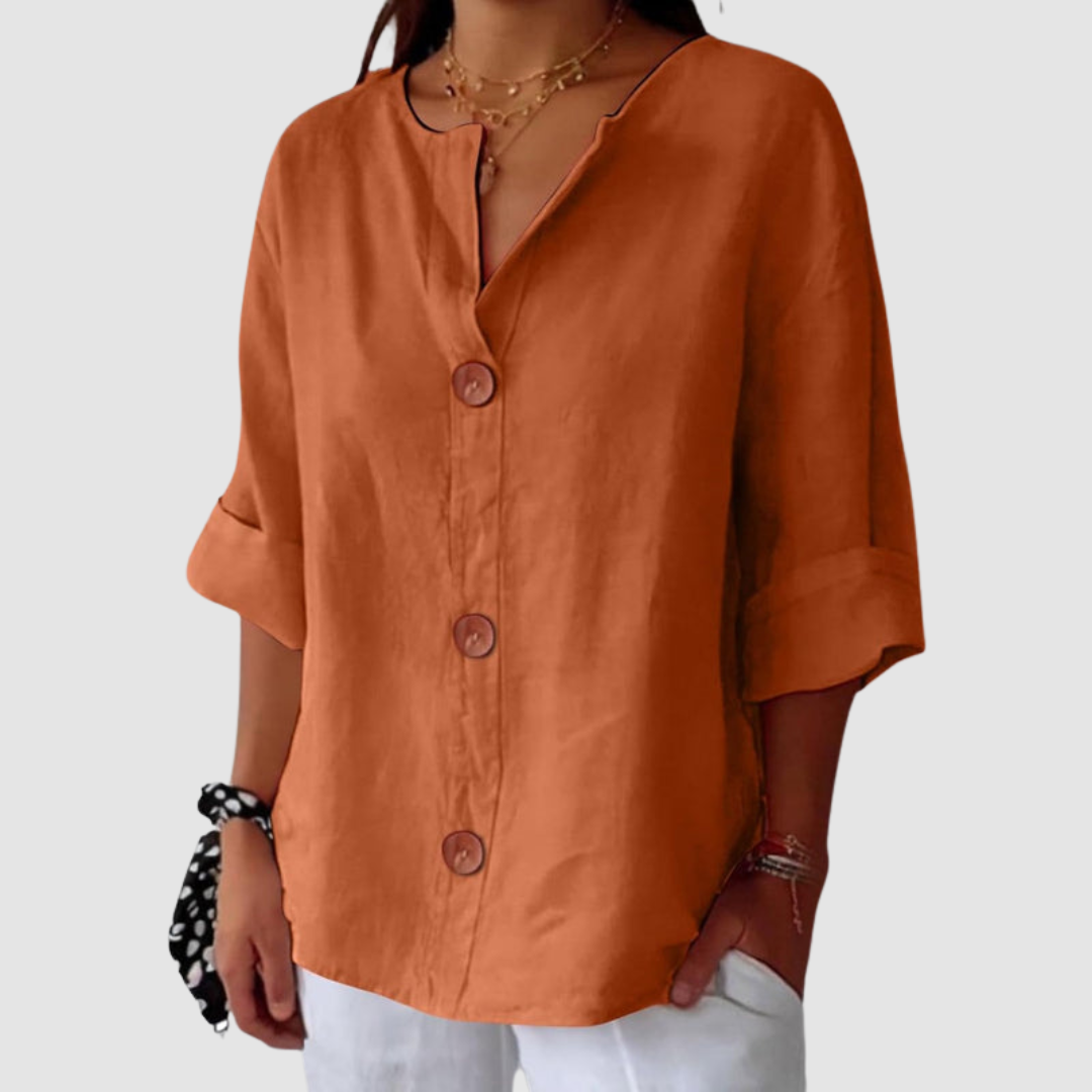 Women's Long Sleeve Blouse | Split V Neck, Rolled Cuffs