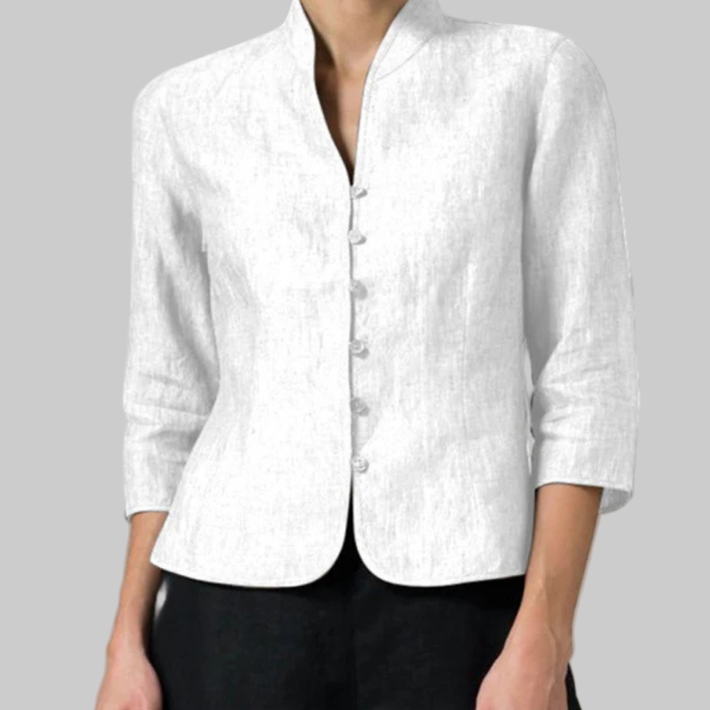 Women's Long Sleeve Blouse | Stand Collar, Curved Hem