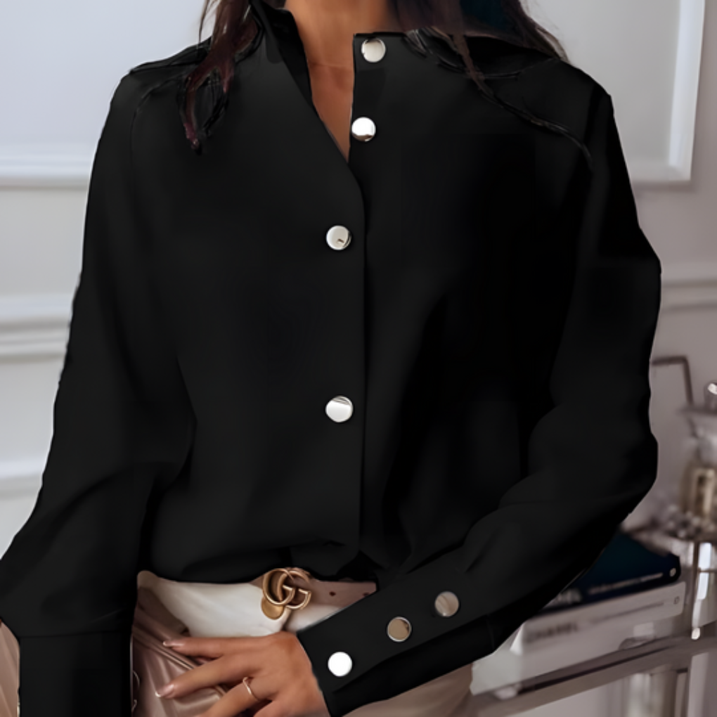 Women's Long Sleeve Blouse | Stand Collar, Metal Buttons