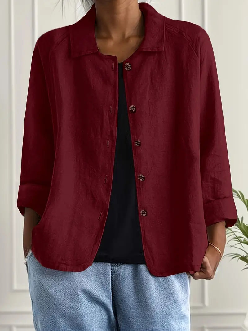 Women's Long Sleeve Blouse | Stand Collar, Rounded Hem