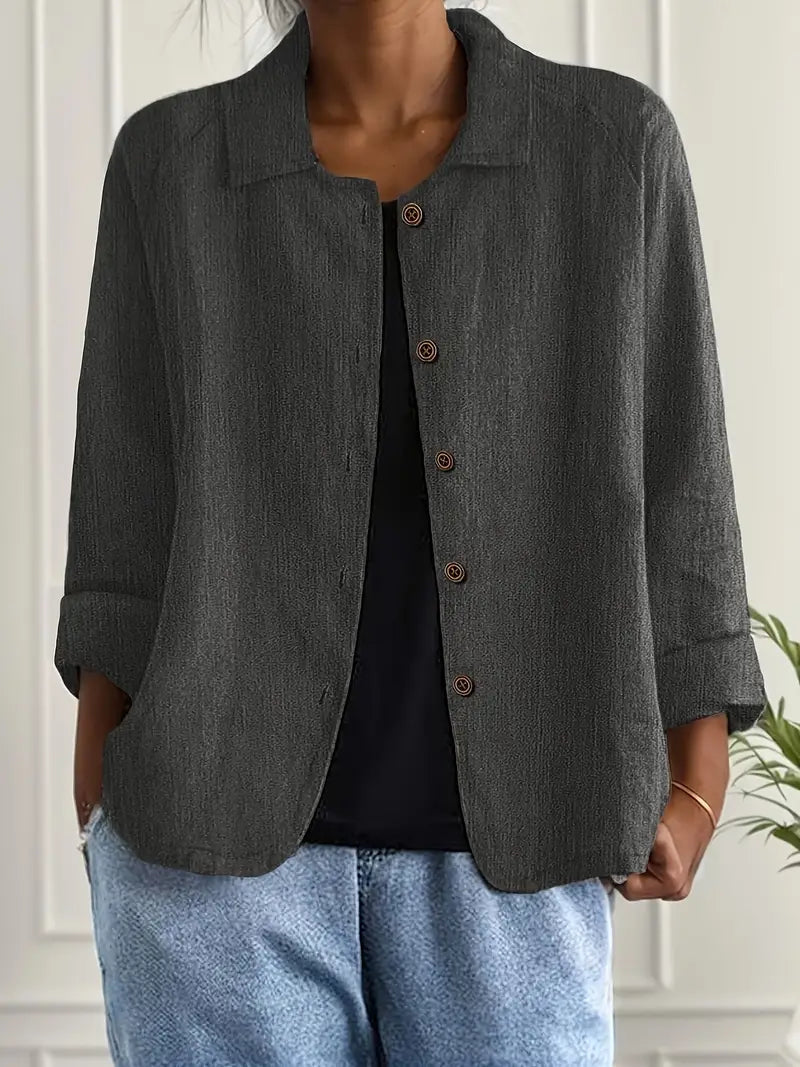 Women's Long Sleeve Blouse | Stand Collar, Rounded Hem