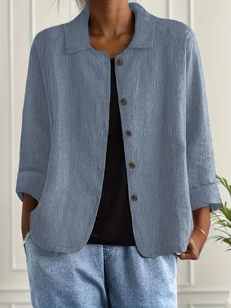 Women's Long Sleeve Blouse | Stand Collar, Rounded Hem