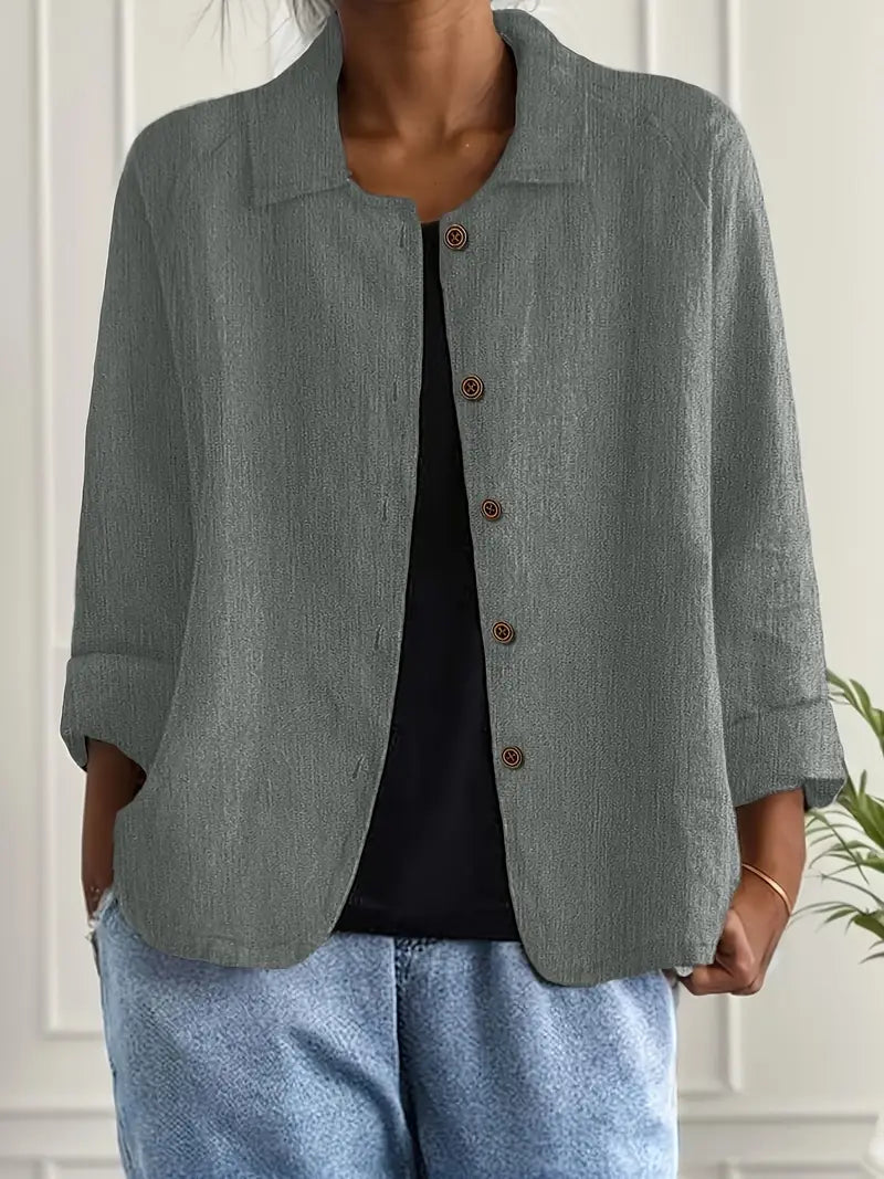 Women's Long Sleeve Blouse | Stand Collar, Rounded Hem
