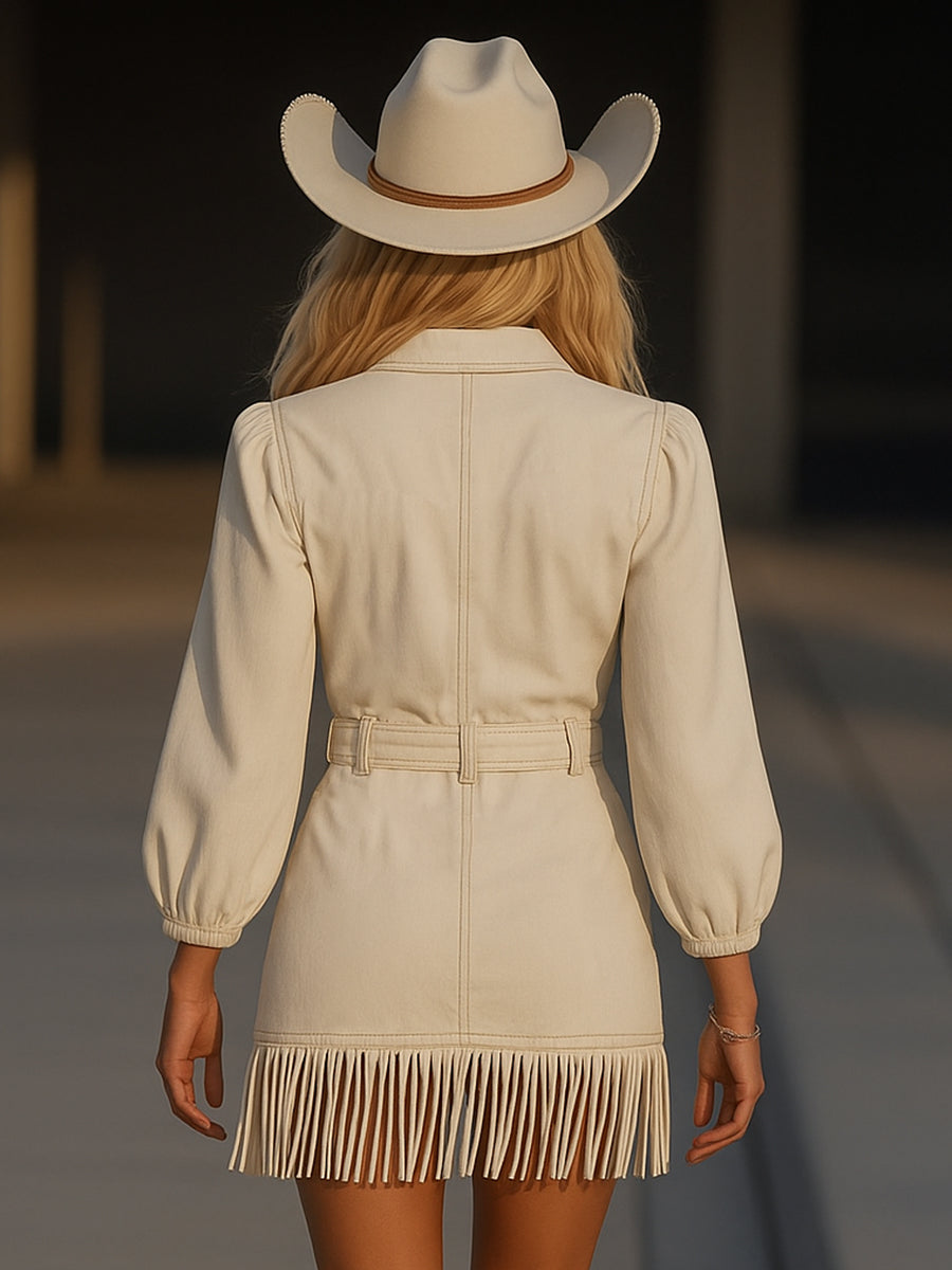 Women's Long Sleeve Dress | Belted Waist, Fringed Hem