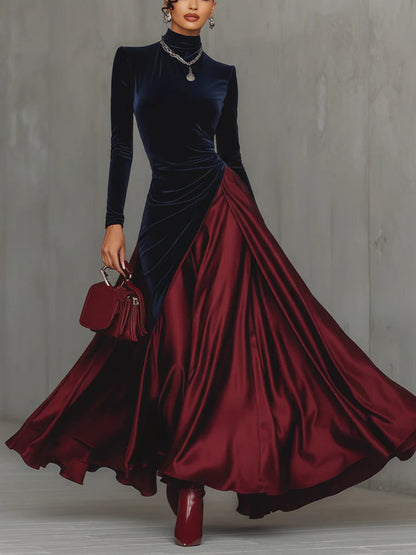 Women's Long Sleeve Dress | Mock Neck, Contrast Skirt