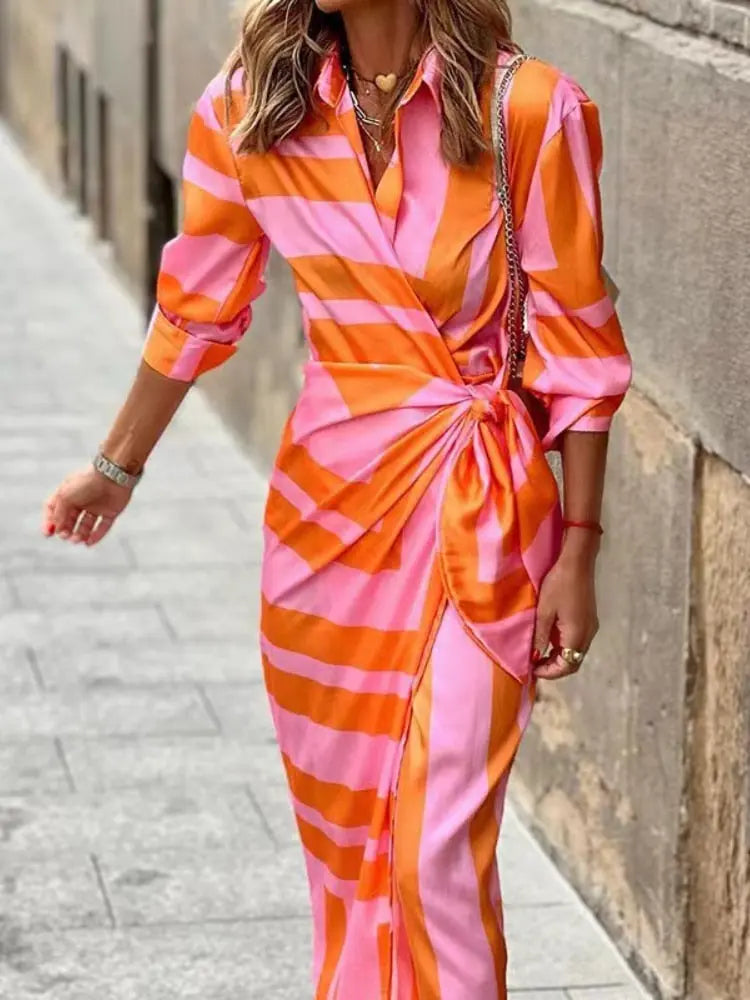 Women's Long Sleeve Dress | Twist Knot Waist, Point Collar