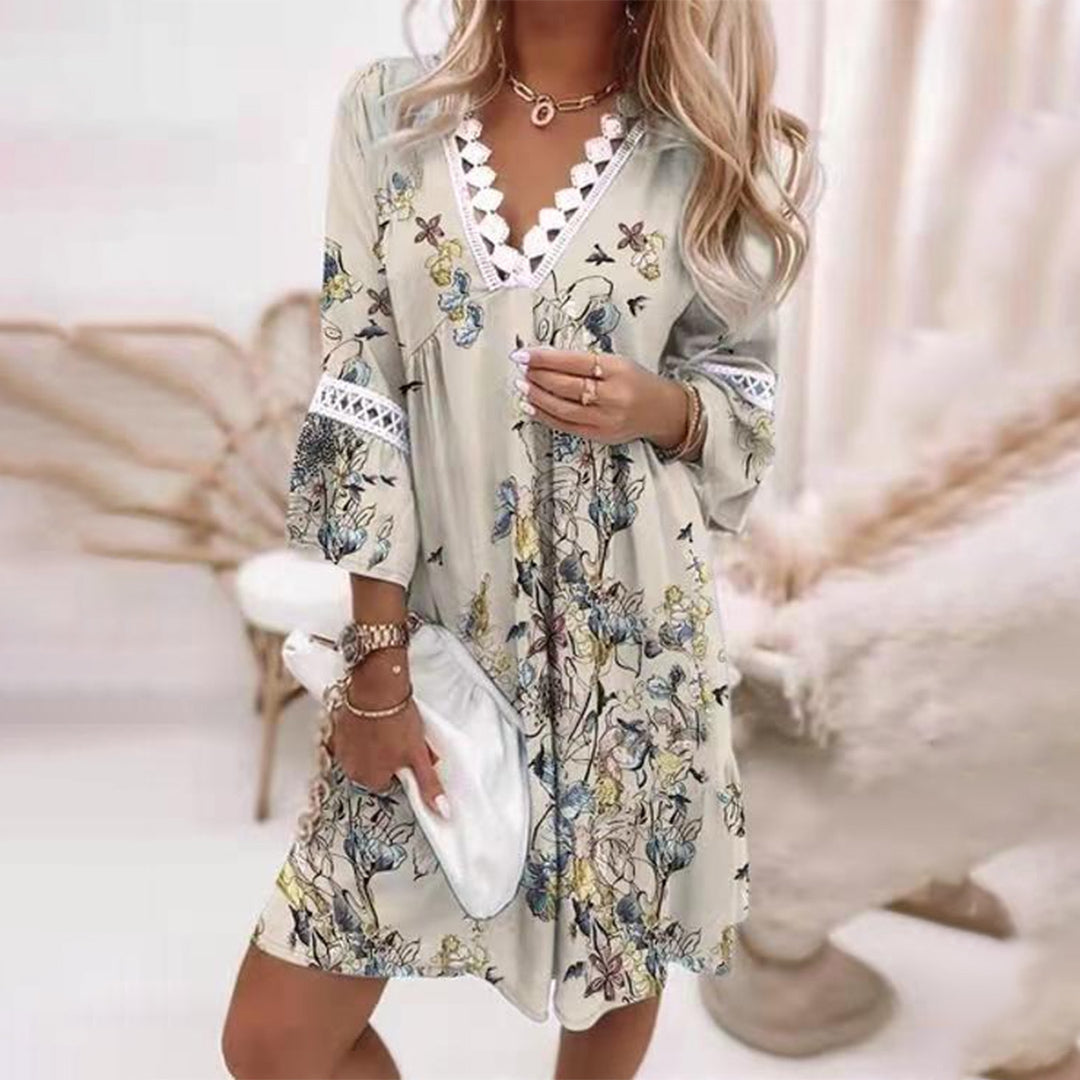 Women's Long Sleeve Dress | V Neck, Openwork Trim Panels