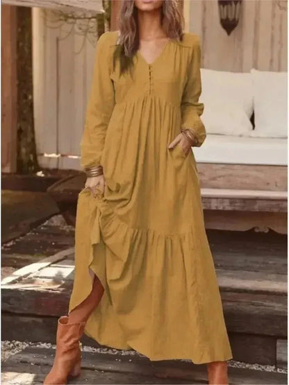 Women's Long Sleeve Dress | V Neck, Tiered Maxi Skirt