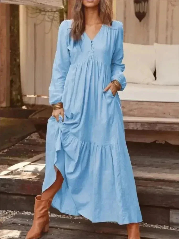Women's Long Sleeve Dress | V Neck, Tiered Maxi Skirt